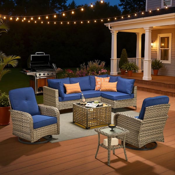 Solvoc Gray 8-Piece Wicker Outdoor Patio Conversation Set with Navy Blue Cushion, Swivel Chair, Lights Coffee Table