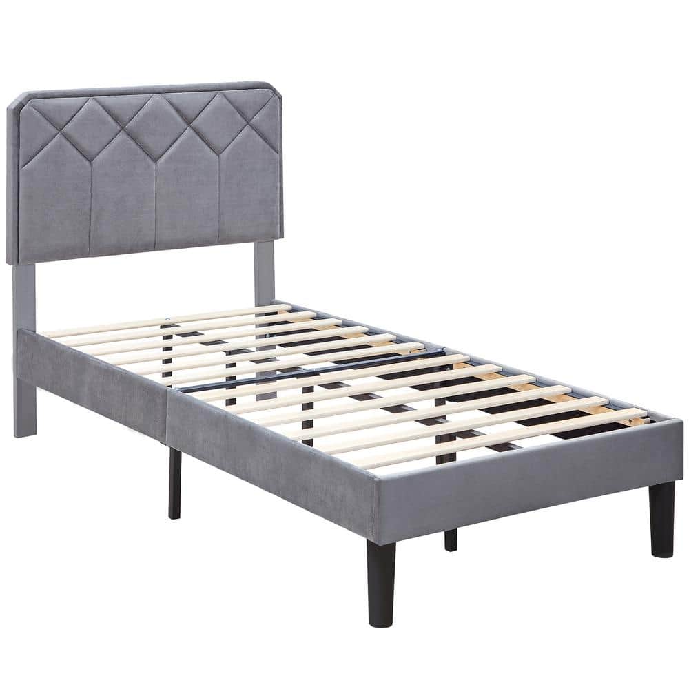 VECELO Bed Frame with Upholstered Headboard, Gray Metal Frame Twin