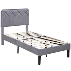 Bed Frame with Upholstered Headboard, Gray Metal Frame Twin Platform Bed with Strong Frame and Wooden Slats Support