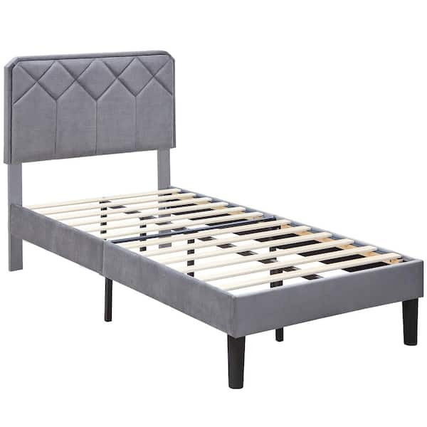 VECELO Bed Frame With Upholstered Headboard, Gray Metal Frame Twin ...