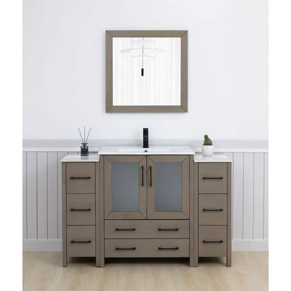 Vanity Art 54 in. W x 18 in. D x 36 in. H Driftwood Gray Bath Vanity with White Ceramic Top and Mirror