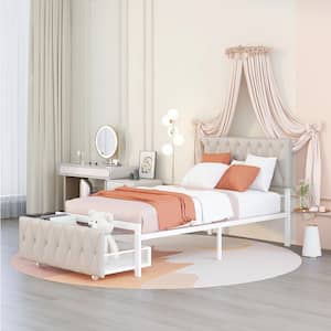 78 in.W Beige Twin Size Upholstered Platform Bed Frame with Big Drawer and Headboard, Twin Metal Bed Frame for Bedroom