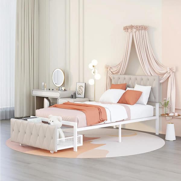 URTR 78 in.W Beige Twin Size Upholstered Platform Bed Frame with Big Drawer and Headboard, Twin Metal Bed Frame for Bedroom