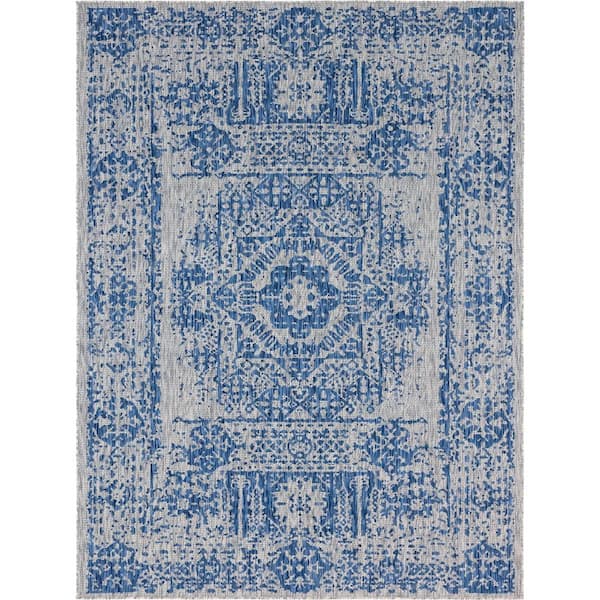 Unique Loom Azure Blue Timeworn Outdoor 9 ft. x 12 ft. Area Rug