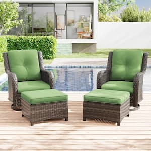 4-Piece Wicker Patio Outdoor Conversation Rocking Chair Set with Green Cushions