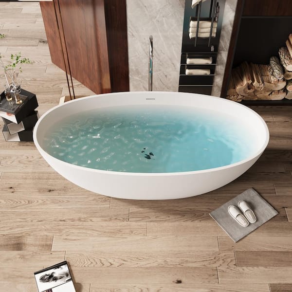 Foyil 71 in. x 35 in. Solid Surface Stone Resin Flatbottom Freestanding Bathtub Soaking Bathtub in Matte White