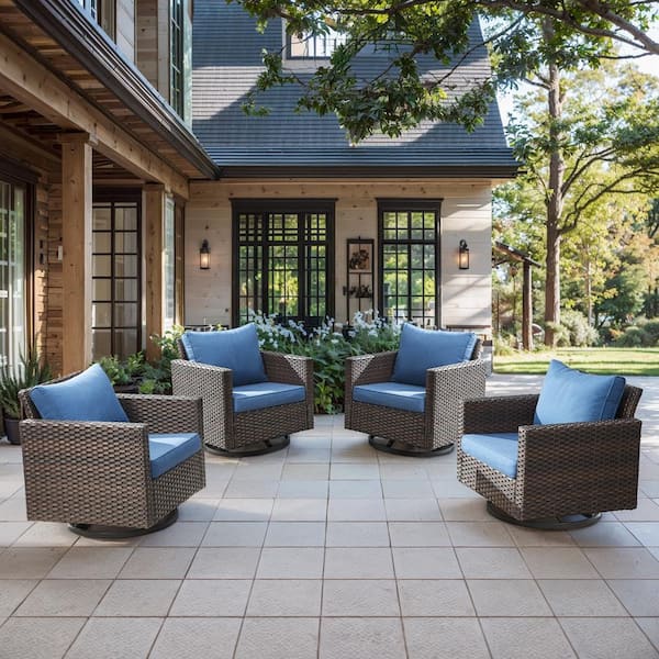 Brown Wicker Outdoor Rocking Chairs, Patio Swivel Gliders with Navy Blue Cushions for Porch or Balcony (4-Pack)