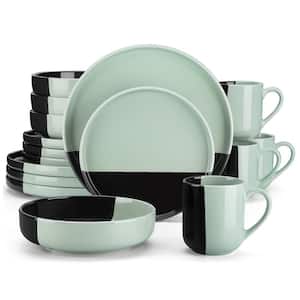 Dipped Glaze 16-Piece Black Green Stoneware Dinnerware Set Plates Bowls Set Service for 4