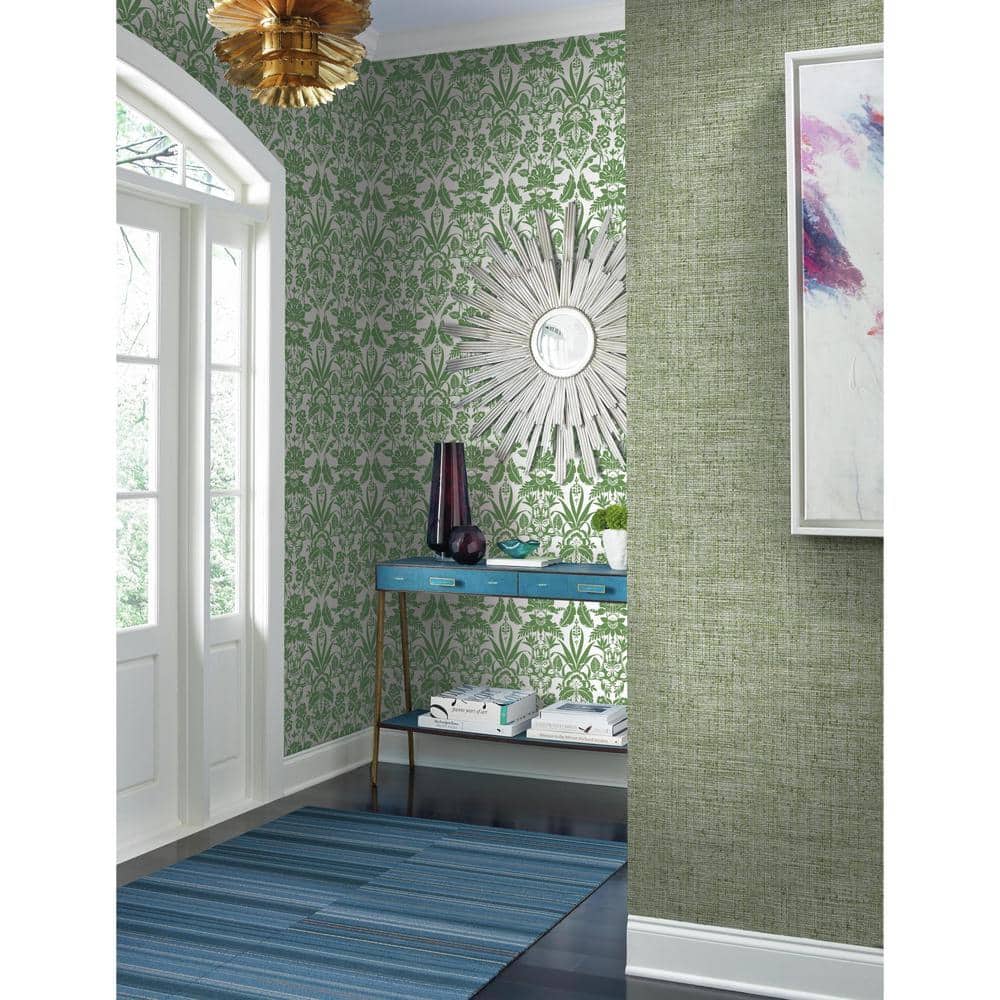 Green Grasscloth Textured Pre-Pasted Wallpaper