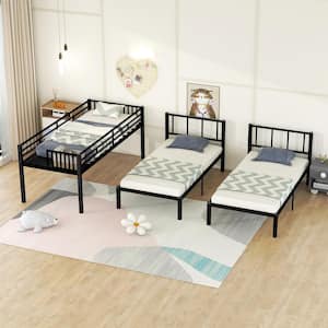 Black Metal Twin Triple Bunk Bed, Triple Bunk Bed with Ladder and Guardrails, Can be Separated into 3-Twin Beds