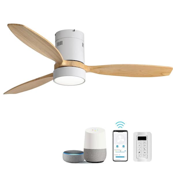 52 in. Smart Standard Indoor/Outdoor Solid Wood Blade White Flush Mount Ceiling Fan with Light Kits and Remote&APP