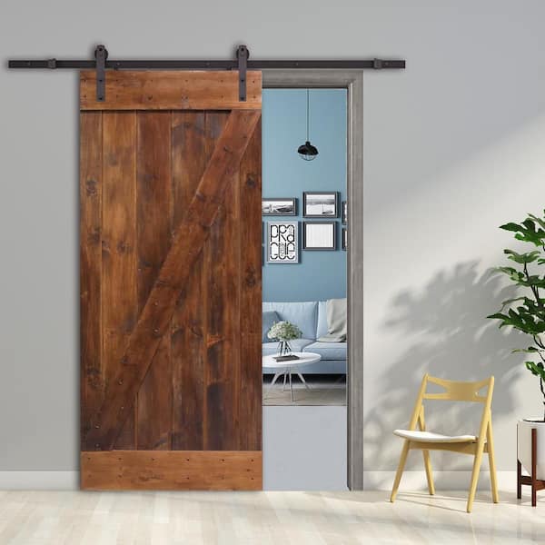 30 in. x 84 in. Z-Bar Wood Sliding Barn Door with Sliding Door Hardware Kit