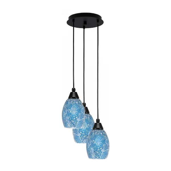 Unbranded Savannah 10 in. 3-Light Matte Black Cord Pendant Light Turquoise Fusion Glass Shade