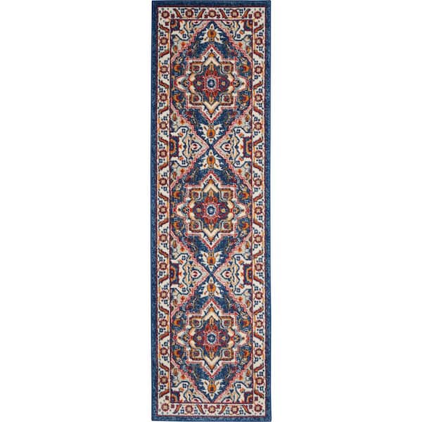 Nourison Passion Blue/Multicolor 2 ft. x 8 ft. Center medallion Traditional Kitchen Runner Area Rug