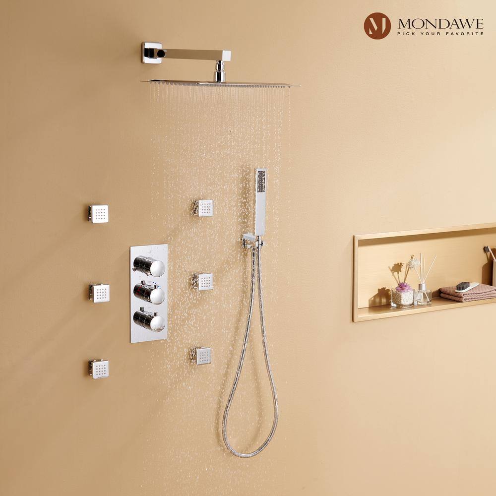 12 Inch Chrome LED Wall Mounted Rain Shower System with Handheld and Body Jets