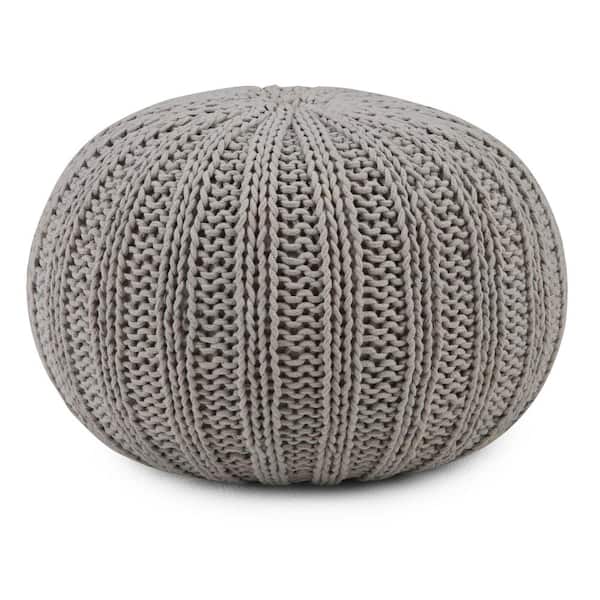 Simpli Home Shelby Boho Round Hand Knit Pouf in Dove Grey Cotton