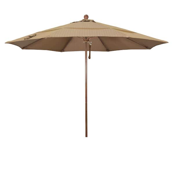 California Umbrella 11 ft. Woodgrain Aluminum Commercial Market Patio Umbrella Fiberglass Ribs and Pulley Lift in Terrace Sequoia Olefin