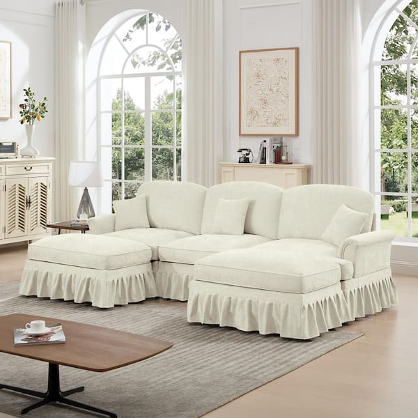 Andrea 107.1 in. Flared Arms Chenille U-Shaped Sectional Sofa in Beige White, Removable Ruffles Pleats Skirts,2 Ottomans