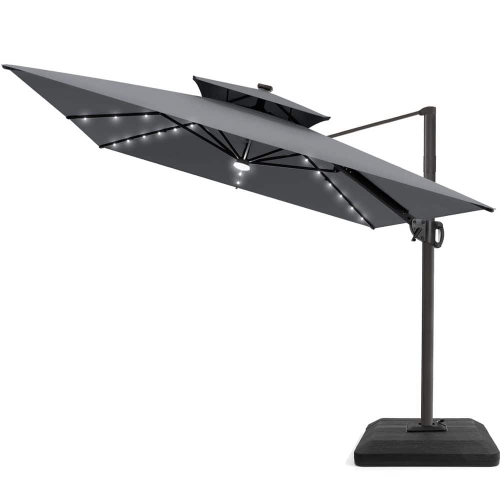 Pellebant 9 ft. x 11 ft.Rectangular Solar LED Lighted Outdoor Cantilever 360° Rotation Patio Umbrella in Gray with 240 lbs. Base PB-PU88LDGYUB033