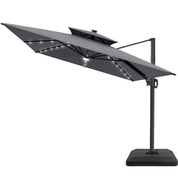 Pellebant 9 ft. x 11 ft. 2-Tier Outdoor Cantilever 360° Rotation Solar LED Lighted Tilt Patio Umbrella with Weights Base in Gray