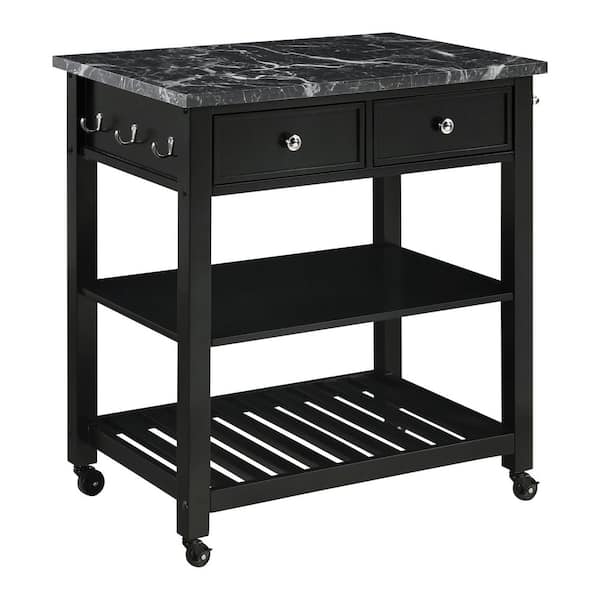 Litchfield Kitchen Cart With Faux Marble Top in Black Finish