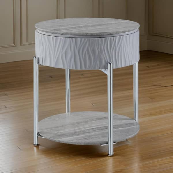 Benjara 22 in. Gray and Chrome Round Wooden Top End Table