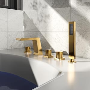 3-Handle Tub-Mount Roman Tub Faucet with Hand Shower in Brushed Gold