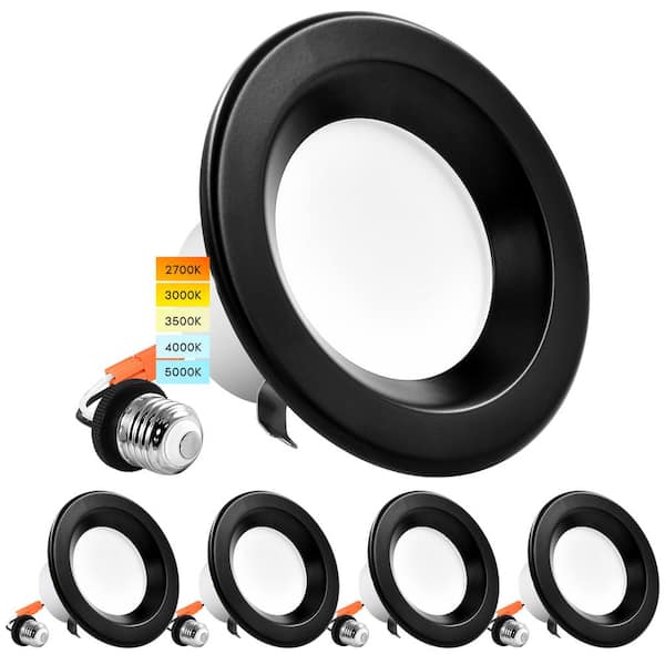4 in. Recessed LED Can Lights 10W equal to 60-Watt 5 Color Selectable Dimmable 750 Lumens Wet Rated Black Trim (4-Pack)