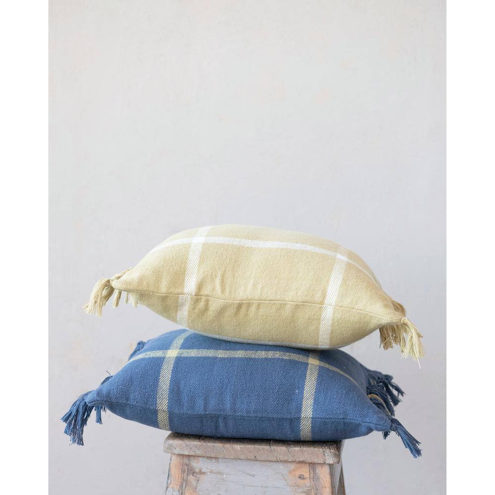 Blue Cotton Flannel Plaid Fringe Throw Pillow, 18" Square
