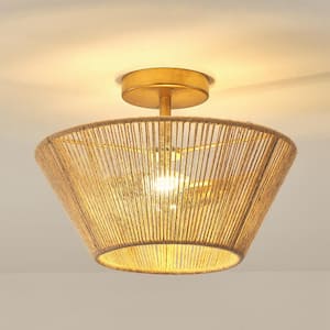13.8 in. 2-Light Bohemian Brown Woven Rope Caged Semi-Flush Mount Ceiling Light