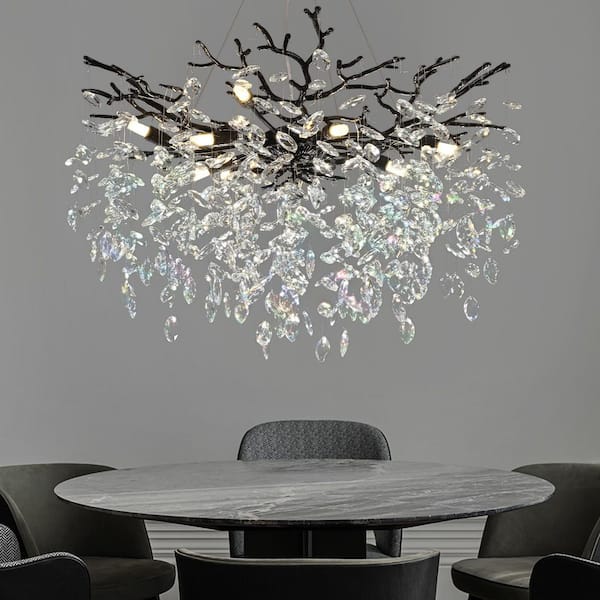 30 in. 10-Light Black Tree Branch Chandelier, K9 Crystal Kitchen Island Chandelier for Dining Room, Living Room, Foyer