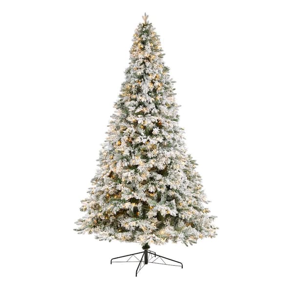 Nearly Natural 10 ft. Flocked Vermont Mixed Pine Artificial Christmas Tree with 800 LED Lights and 2200 Bendable Branches