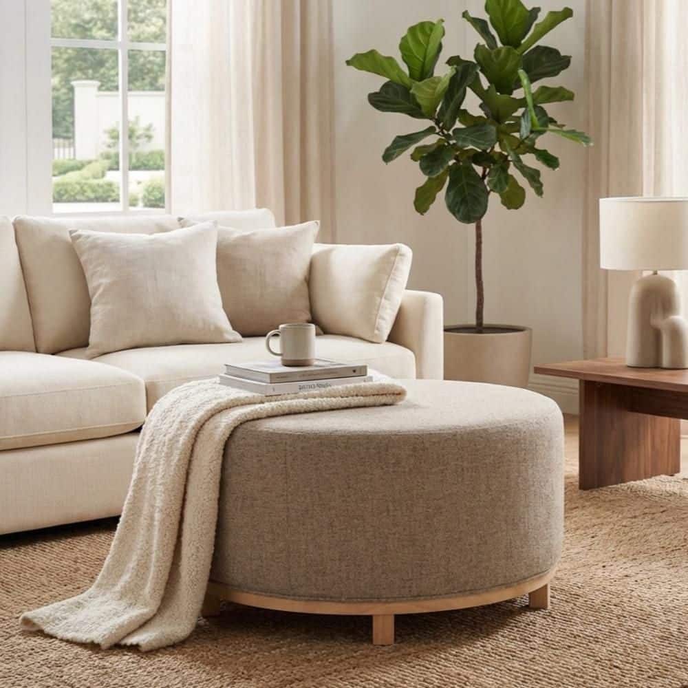 Haven Midtone Gray Woven Fabric Round Decorative Accent Ottoman with Wood Base price history on PriceWatchPro