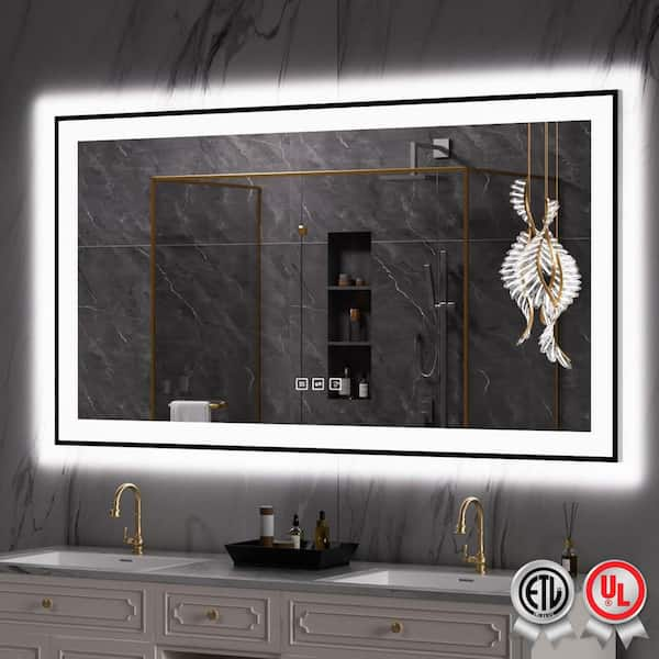 55 in. W x 30 in. H Rectangular Framed Anti-Fog LED Wall Bathroom Vanity Mirror in Black with Backlit and Front Light