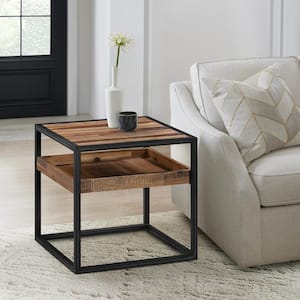 Ludgate 18 in W x 18 in H Rustic Square End Table with Shelf in Wood and Black Metal