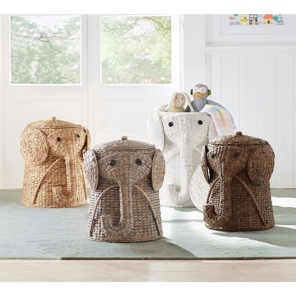 Elephant White Woven Basket with Lid (20.5" W)