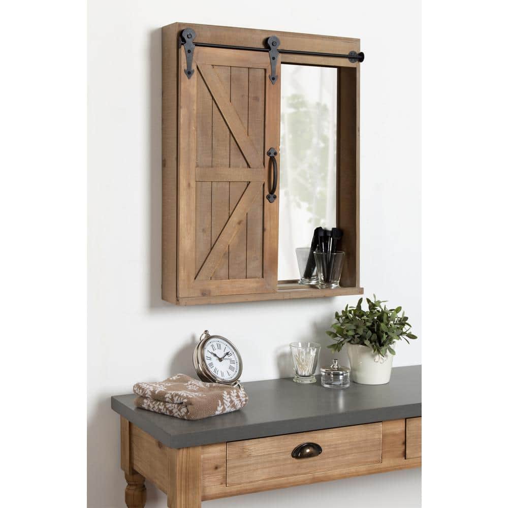 Rustic Brown Wood Wall Storage Cabinet with Vanity Mirror and Sliding Barn Door