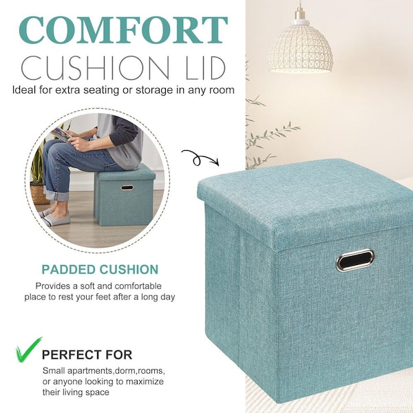 Small Storage Ottoman Cube 15", Green Foldable Linen Foot Rest with Lid and Hidden Storage for Bedroom, Living Room