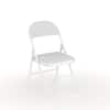 A single gray padded folding chair with a white steel frame.