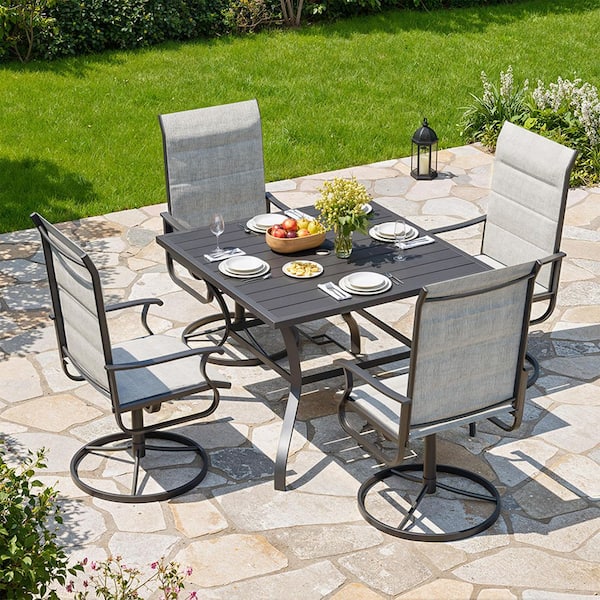 Light Gray 5-Piece Steel Sling Outdoor Patio Dining Set-Square Table and Padded Swivel Chairs