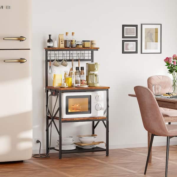 4-Shelf Powder Coated Floor Mount Metal Baker's Rack with 6 S Hooks, Kitchen Storage Shelves Rack for Spices, in Brown