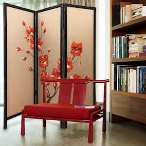 Mariana 63 in. 3-Panel Brown Fabric And Wood Blooming Screen