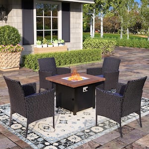5-Piece Black Metal Patio Fire Pit Set, Wood-like Metal Steel Gas Fire Pit Table and Rattan Chairs with Blue Cushions