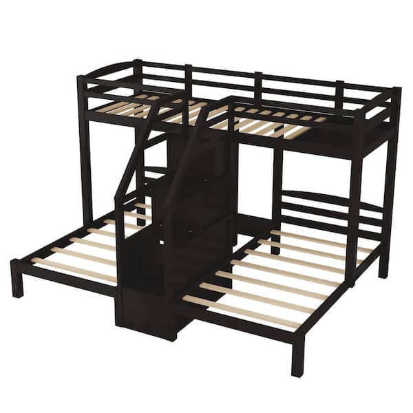 Angel Sar Espresso Wood Twin Over, Triple Bunk Beds With Stairs And Storage