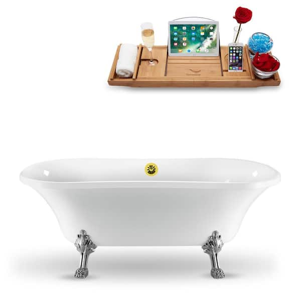 Streamline 68 in. Acrylic Clawfoot Non-Whirlpool Bathtub in Glossy White With Polished Chrome Clawfeet And Polished Gold Drain