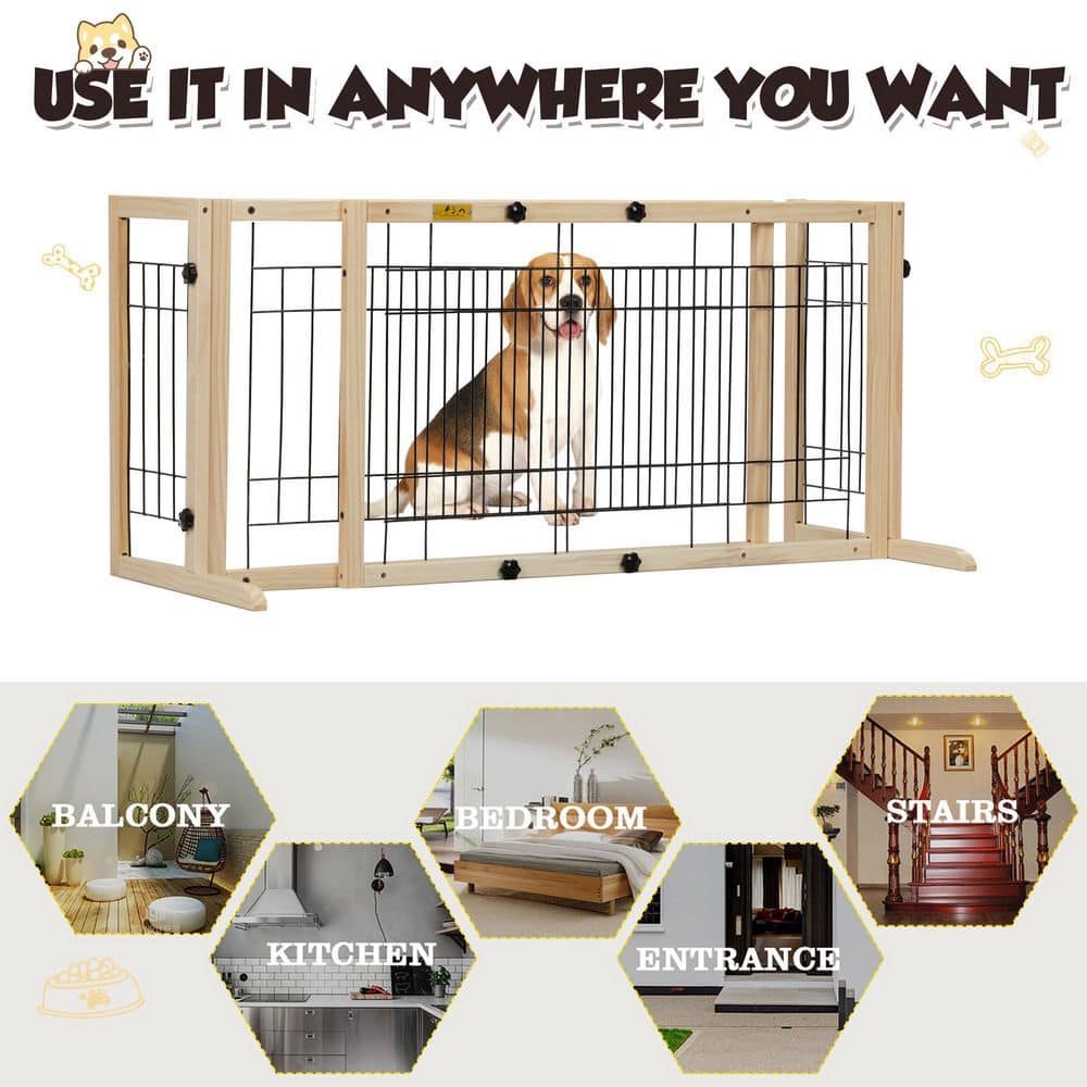 Adjustable Freestanding Beige Wood and Metal Pet Gate