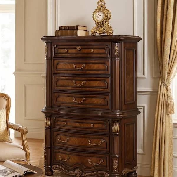 brown and gold dresser Benjara Ruth Mahogany 7 Drawer Tall Chest of Drawer 41.02 in. Wide BM348462 gift for husband