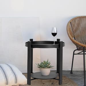 19.5 in. Black Round Fir Wood End Table with Tray