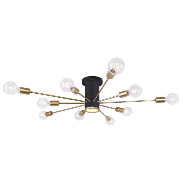 HUOKU Cedernut 40 in. 10-Light Black and Gold Linear Semi- Flush Mount Sputnik Ceiling Light Vintage Mid-Centuries Chandelier