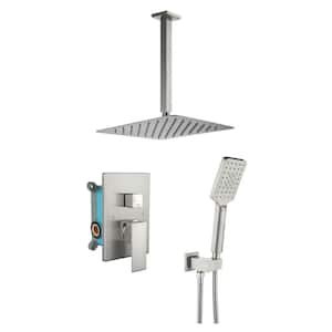 2-Spray Patterns 2.2 GPM 12 in. Ceiling Mount Rain Dual Shower Heads with Shower Head and Hand Shower in Brushed Nickel